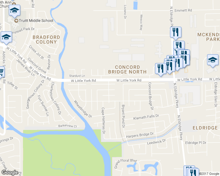map of restaurants, bars, coffee shops, grocery stores, and more near 13622 Neston Drive in Houston