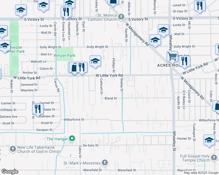 map of restaurants, bars, coffee shops, grocery stores, and more near 1702 Bland Street in Houston