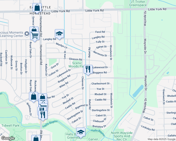 map of restaurants, bars, coffee shops, grocery stores, and more near 10311 Rebel Road in Houston