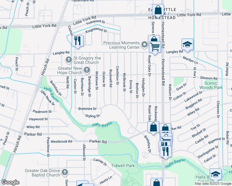 map of restaurants, bars, coffee shops, grocery stores, and more near 10409 Castleton Street in Houston