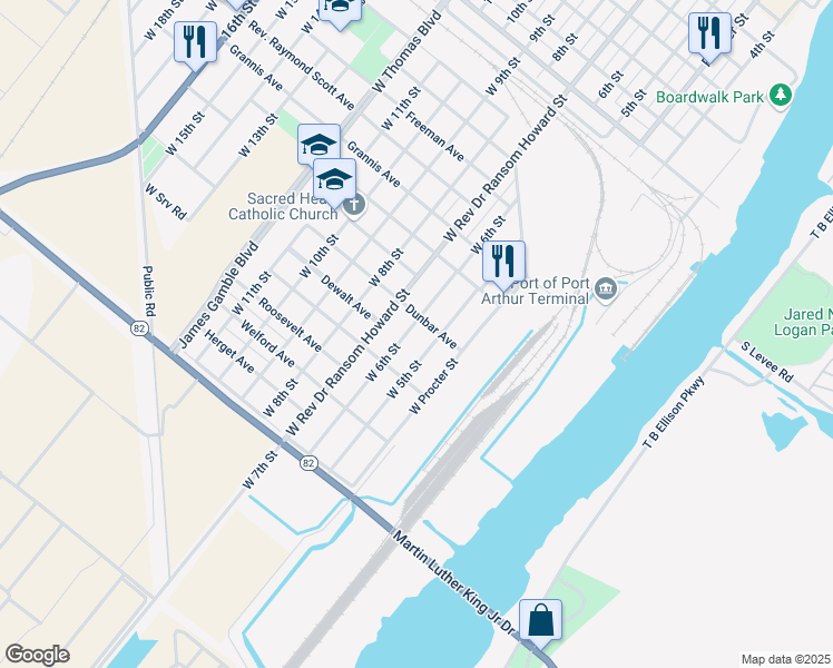 map of restaurants, bars, coffee shops, grocery stores, and more near 1020 W 6th St in Port Arthur