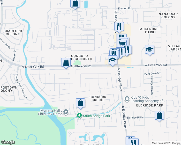 map of restaurants, bars, coffee shops, grocery stores, and more near 13426 Lyndonville Drive in Houston