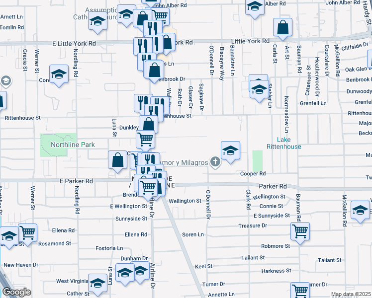 map of restaurants, bars, coffee shops, grocery stores, and more near 37 McCabe Street in Houston