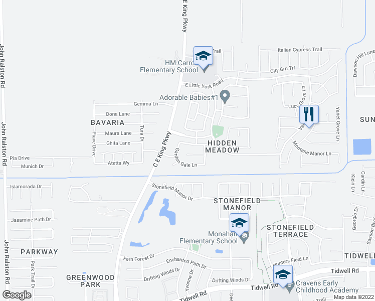 map of restaurants, bars, coffee shops, grocery stores, and more near 12511 Thistle Creek Court in Houston