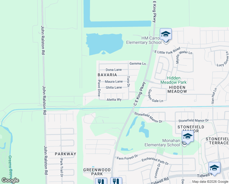 map of restaurants, bars, coffee shops, grocery stores, and more near 9726 Elia Court in Houston