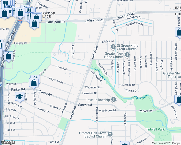 map of restaurants, bars, coffee shops, grocery stores, and more near 5214 Glen Nook Drive in Houston