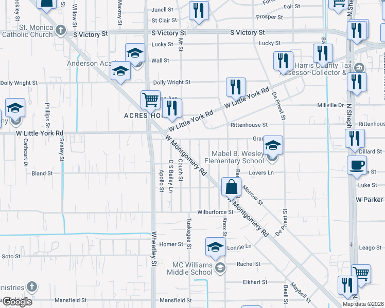 map of restaurants, bars, coffee shops, grocery stores, and more near 6801 Arabella Street in Houston