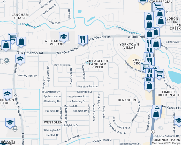 map of restaurants, bars, coffee shops, grocery stores, and more near 16723 Bishop Knoll Lane in Houston