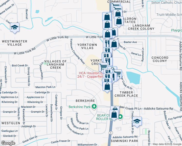 map of restaurants, bars, coffee shops, grocery stores, and more near 15903 Yorktown Crossing Parkway in Houston