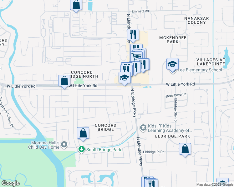 map of restaurants, bars, coffee shops, grocery stores, and more near 13322 Lyndonville Drive in Houston