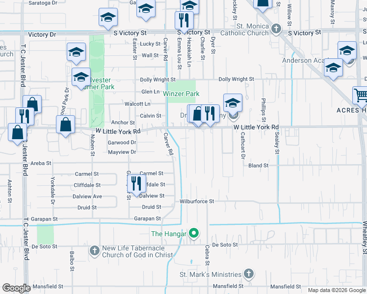 map of restaurants, bars, coffee shops, grocery stores, and more near 6809 Ezzard Charles Lane in Houston