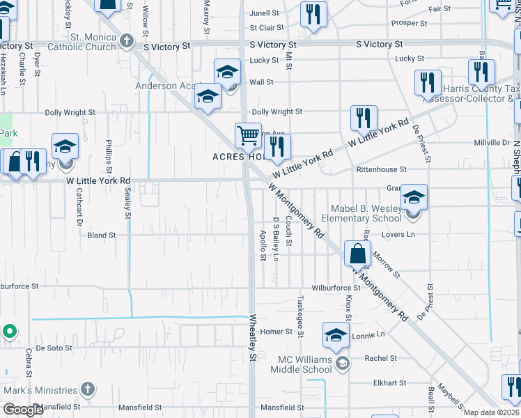 map of restaurants, bars, coffee shops, grocery stores, and more near 6813 Apollo Street in Houston