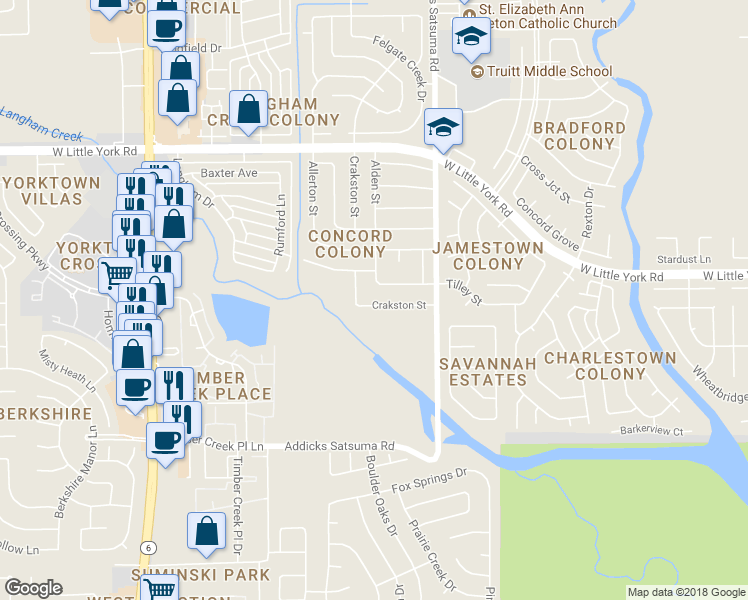 map of restaurants, bars, coffee shops, grocery stores, and more near 6022 Crakston Street in Houston
