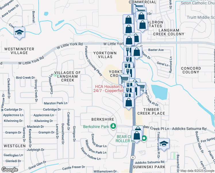 map of restaurants, bars, coffee shops, grocery stores, and more near 15903 Yorktown Crossing Parkway in Houston