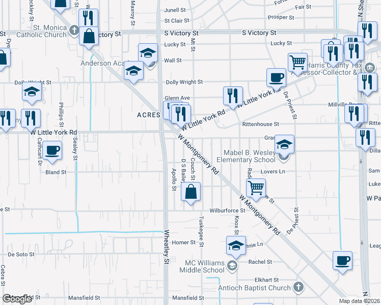 map of restaurants, bars, coffee shops, grocery stores, and more near 6813 Couch Street in Houston