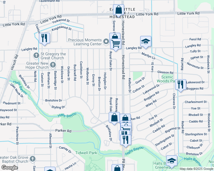 map of restaurants, bars, coffee shops, grocery stores, and more near 10327 Royal Oaks Drive in Houston