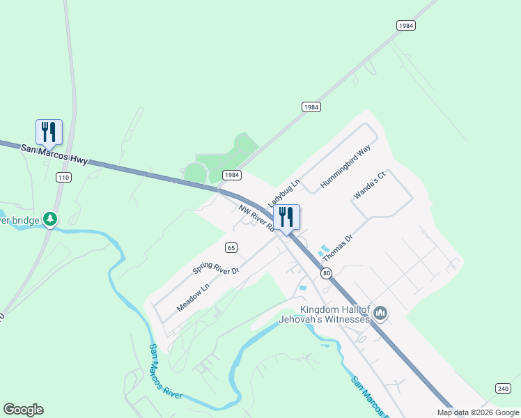 map of restaurants, bars, coffee shops, grocery stores, and more near 1331 San Marcos Hwy in Martindale