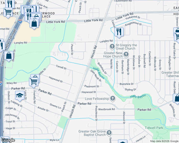 map of restaurants, bars, coffee shops, grocery stores, and more near 5214 Glen Nook Drive in Houston
