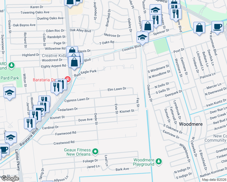 map of restaurants, bars, coffee shops, grocery stores, and more near 2628 Elm Lawn Drive in Marrero