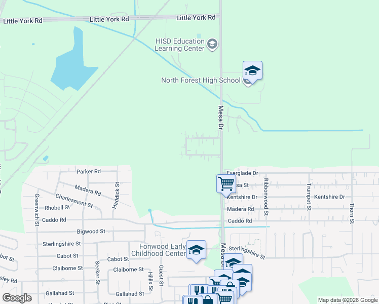 map of restaurants, bars, coffee shops, grocery stores, and more near 8709 Cockburn Street in Houston