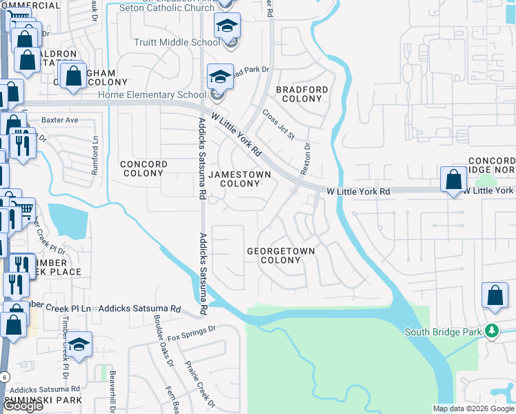 map of restaurants, bars, coffee shops, grocery stores, and more near 14750 Tilley Street in Houston