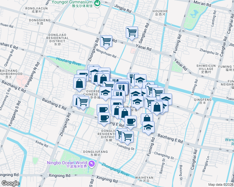 map of restaurants, bars, coffee shops, grocery stores, and more near in Ning Bo Shi