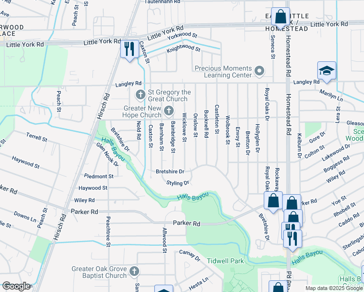 map of restaurants, bars, coffee shops, grocery stores, and more near 10413 Wicklowe Street in Houston