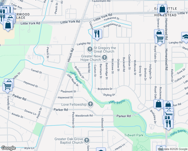 map of restaurants, bars, coffee shops, grocery stores, and more near 10341 Caxton Street in Houston