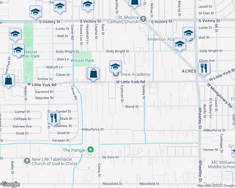 map of restaurants, bars, coffee shops, grocery stores, and more near 6810 Covington Drive in Houston