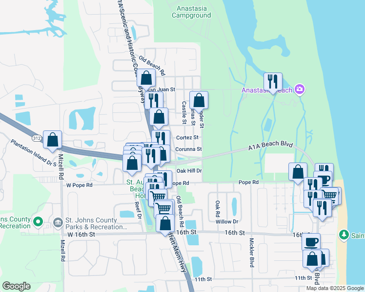 map of restaurants, bars, coffee shops, grocery stores, and more near 1835 Castile Street in St. Augustine