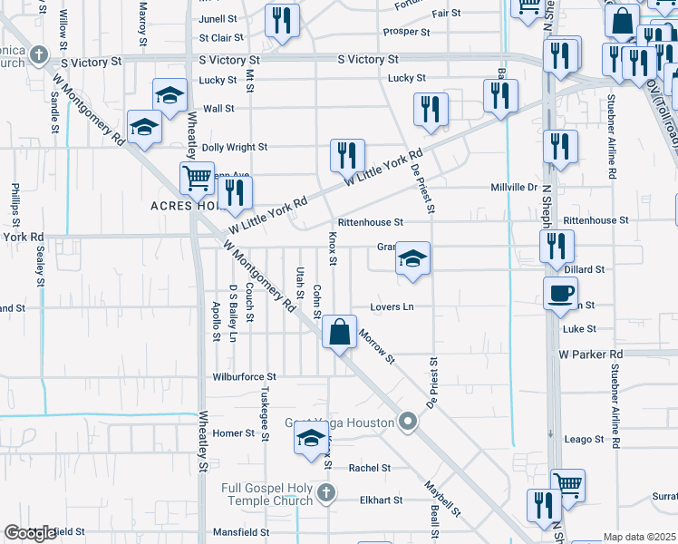 map of restaurants, bars, coffee shops, grocery stores, and more near 6736 Knox Street in Houston