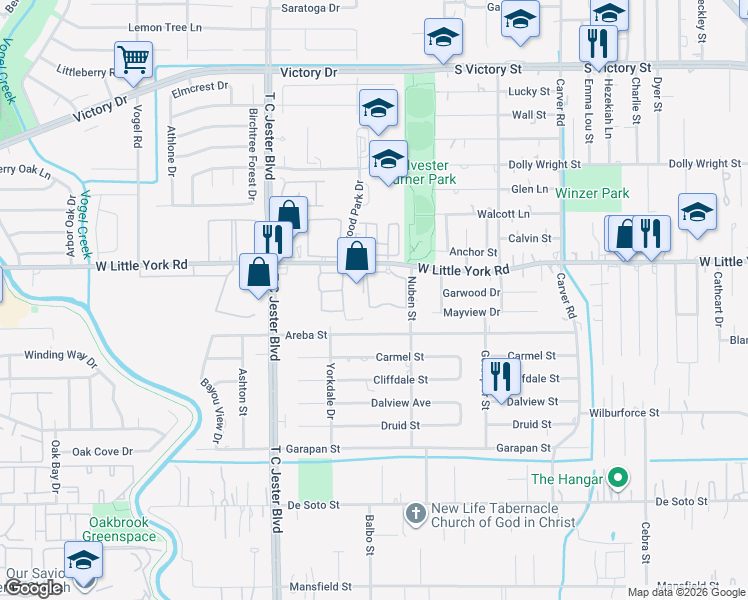 map of restaurants, bars, coffee shops, grocery stores, and more near 3111 West Little York Road in Houston