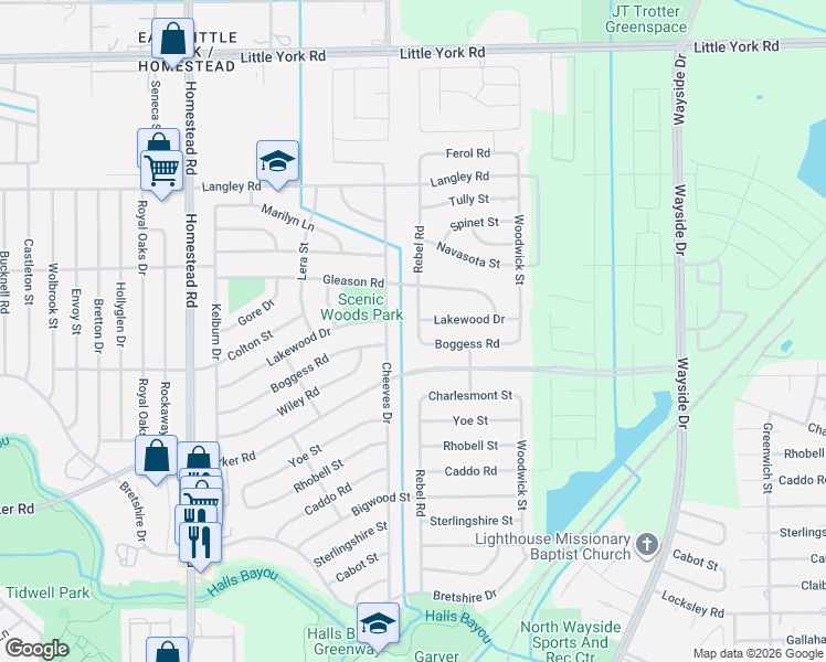map of restaurants, bars, coffee shops, grocery stores, and more near 10311 Rebel Road in Houston