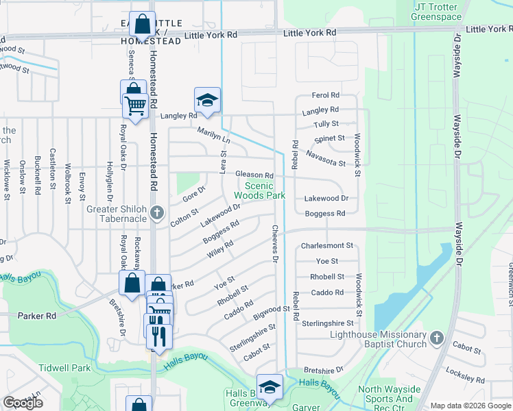 map of restaurants, bars, coffee shops, grocery stores, and more near 7439 Boggess Road in Houston
