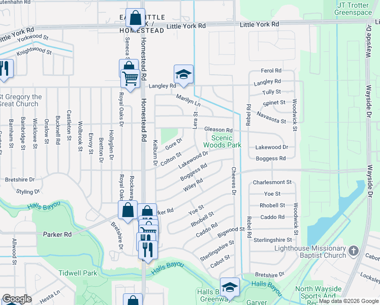 map of restaurants, bars, coffee shops, grocery stores, and more near 7313 Lakewood Drive in Houston