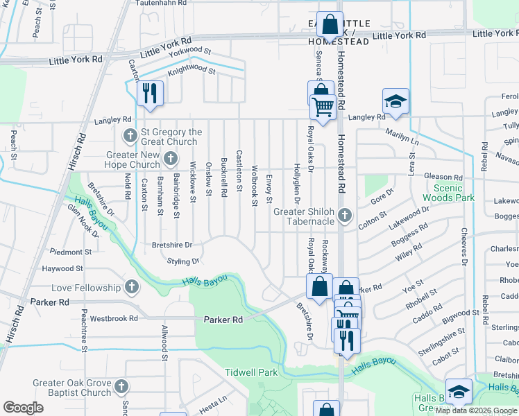 map of restaurants, bars, coffee shops, grocery stores, and more near 10410 Wolbrook Street in Houston