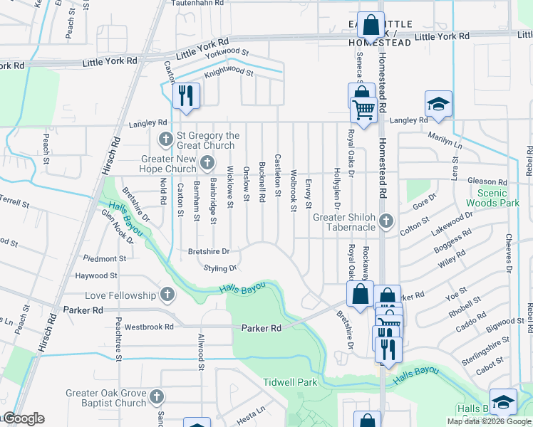 map of restaurants, bars, coffee shops, grocery stores, and more near 10409 Castleton Street in Houston