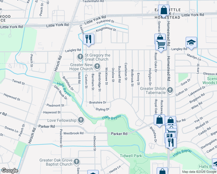 map of restaurants, bars, coffee shops, grocery stores, and more near 10413 Wicklowe Street in Houston