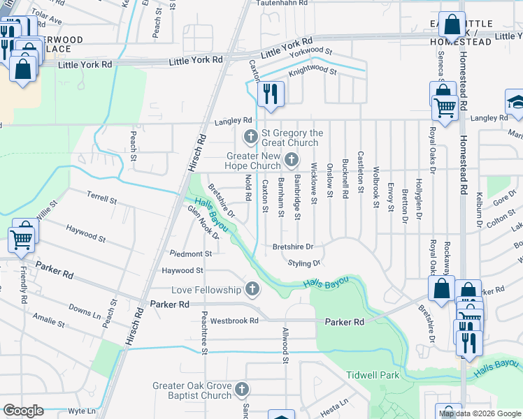 map of restaurants, bars, coffee shops, grocery stores, and more near 10341 Caxton Street in Houston