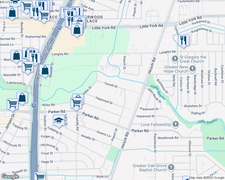 map of restaurants, bars, coffee shops, grocery stores, and more near 4710 Terrell Street in Houston