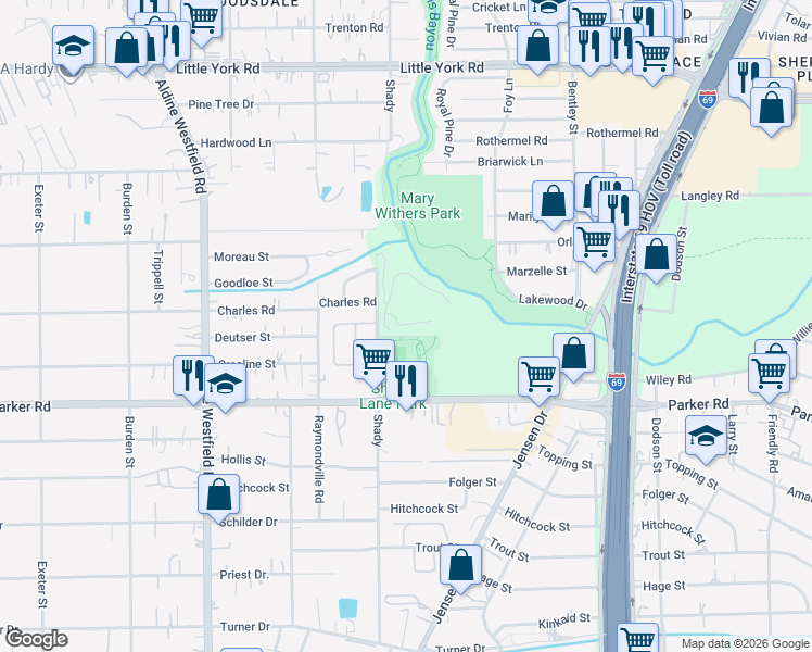 map of restaurants, bars, coffee shops, grocery stores, and more near 2911 Deutser Street in Houston
