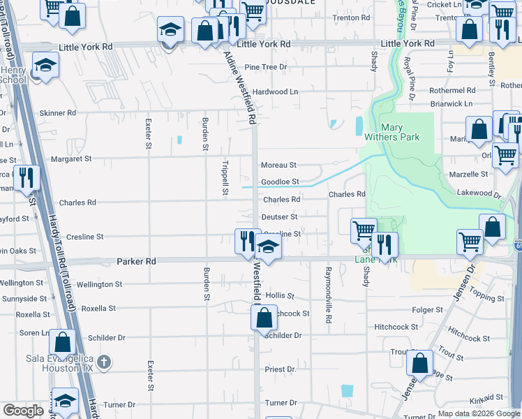 map of restaurants, bars, coffee shops, grocery stores, and more near 2317 Deutser Street in Houston