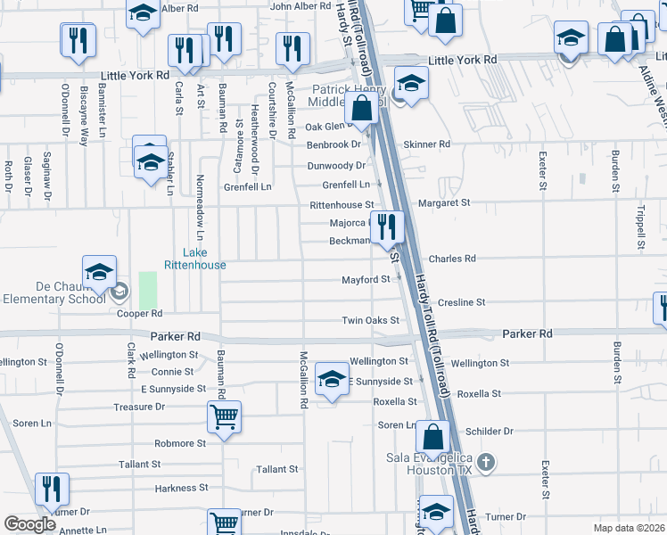 map of restaurants, bars, coffee shops, grocery stores, and more near 806 Charles Road in Houston