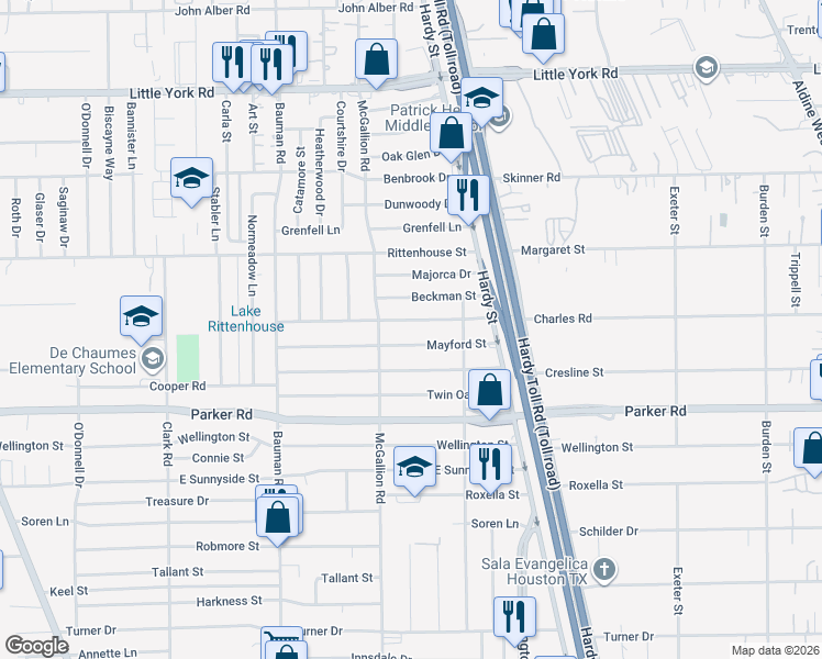 map of restaurants, bars, coffee shops, grocery stores, and more near 806 Charles Road in Houston