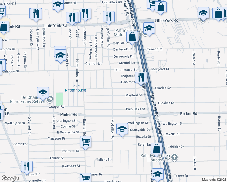 map of restaurants, bars, coffee shops, grocery stores, and more near 618 Charles Road in Houston