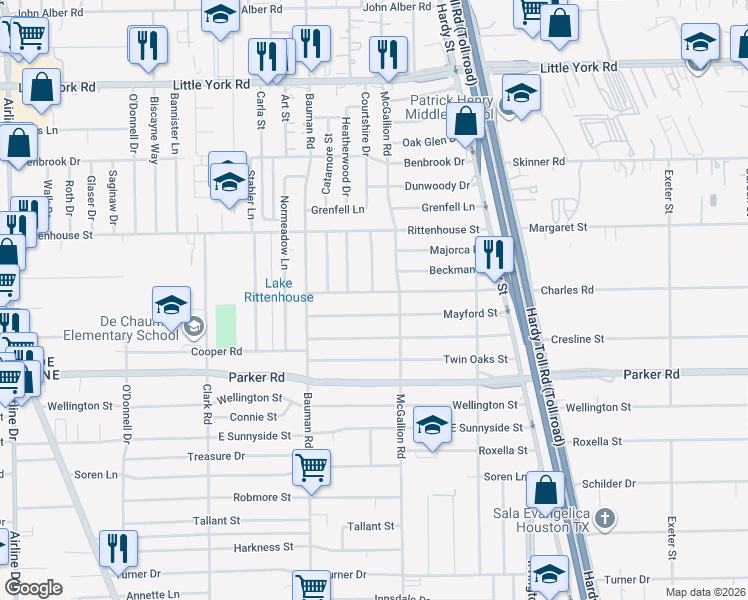 map of restaurants, bars, coffee shops, grocery stores, and more near 618 Charles Road in Houston