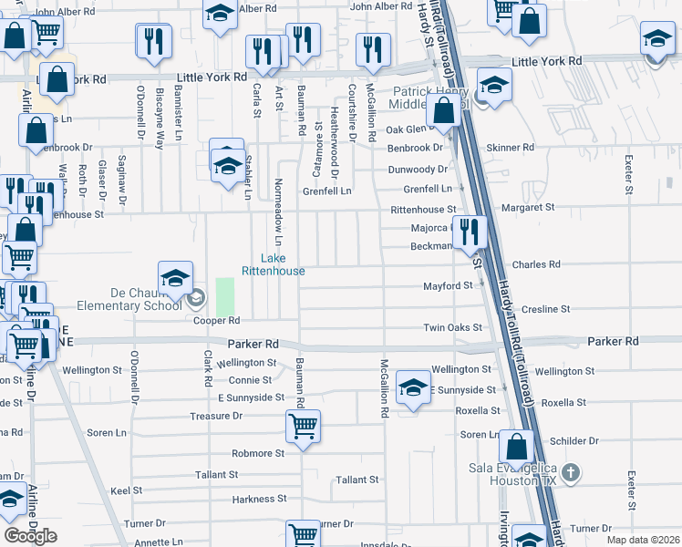 map of restaurants, bars, coffee shops, grocery stores, and more near 506 Charles Road in Houston