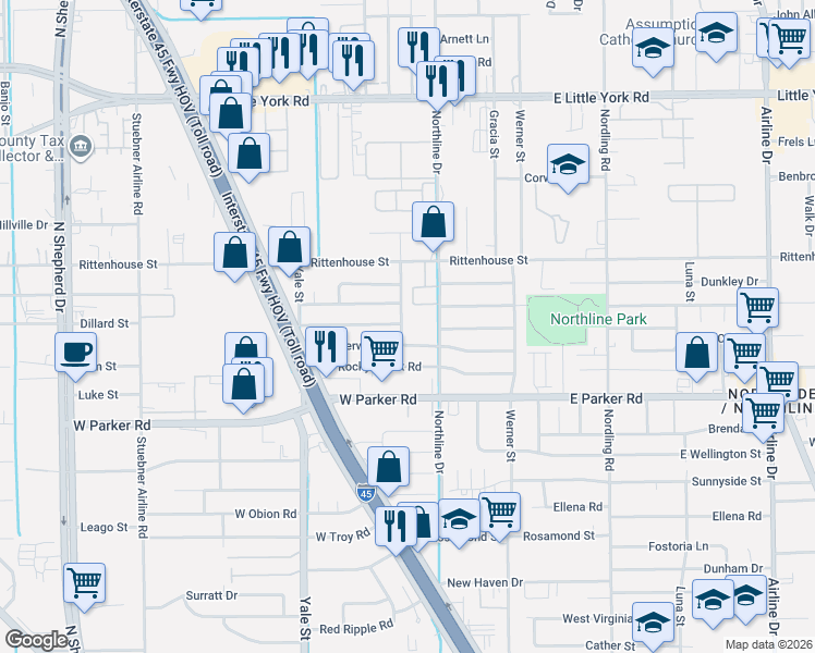map of restaurants, bars, coffee shops, grocery stores, and more near 7001 Northline Drive in Houston
