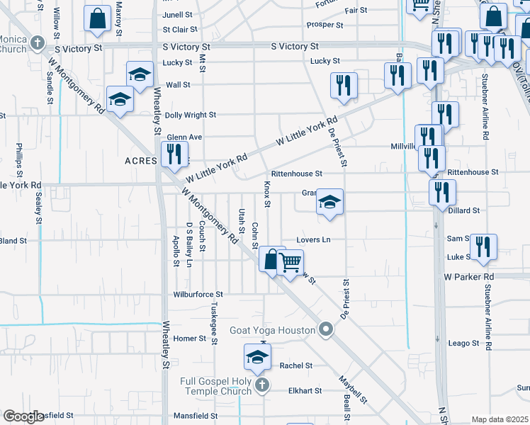 map of restaurants, bars, coffee shops, grocery stores, and more near 6736 Knox Street in Houston