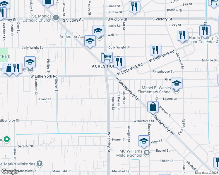 map of restaurants, bars, coffee shops, grocery stores, and more near 6813 Apollo Street in Houston